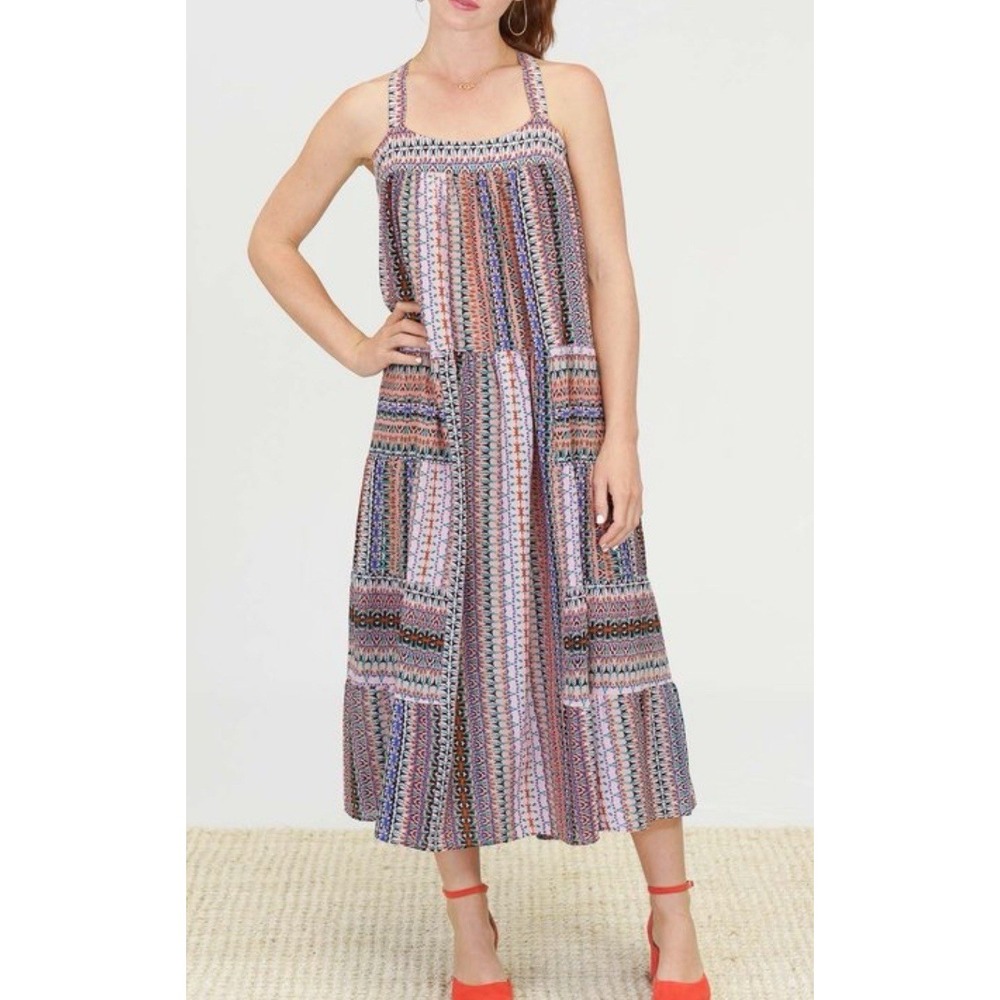 Xirena Boho Midi Dress Printed Flowy Resort Chic Coastal Sleeveless Sundress XS